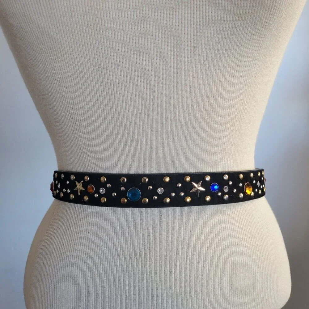 Rhinestone Star-Studded Black Velvet Metal Disco Glam Rocker Belt (Size: S/M)